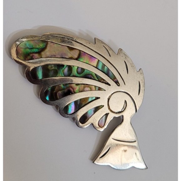 Vintage Taxco Aztec Feather Figural Abalone Brooch Pin 925 Sterling Silver 2" - Picture 2 of 8